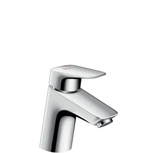 Einhebel-Waschtischmischer aus Chrom von Hansgrohe mit flachem Auslauf und Bedienhebel, ausgestattet mit Zugstangen-Ablaufgarnitur.